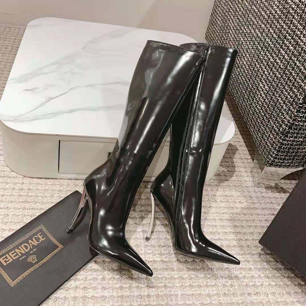 GIÀY Versace Women Pin-point Knee-high Boots-105 mm Heel Height-Black