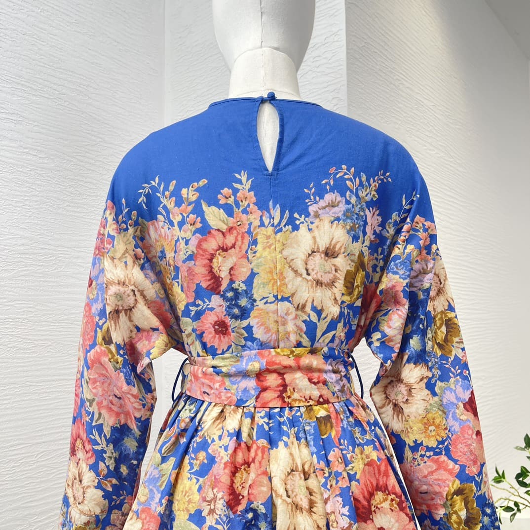 VÁY ZIMMERMANN Blue Floral Print Long Sleeve Loose Mini Dress High Classy