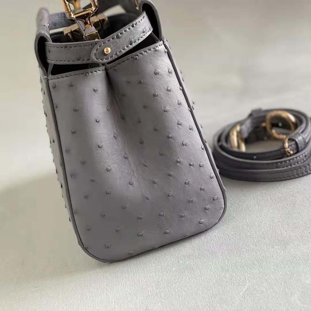 TÚI FENDI Women Peekaboo Iconic Mini Gray Ostrich Leather Bag DA ĐÀ ĐIỂU