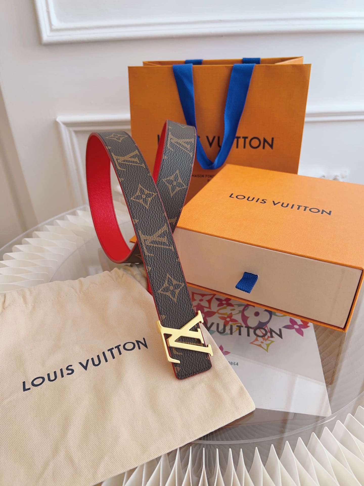DÂY LƯNG LOUIS VUITTON RED BROWN MONOGRAM LEATHER Khóa vàng