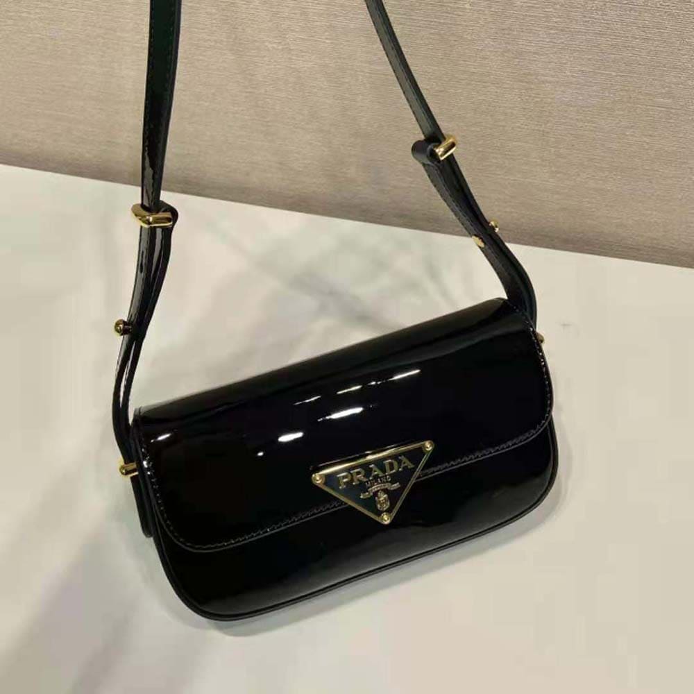 TÚI PRADA Women Patent Leather Shoulder Bag with Flap-Black