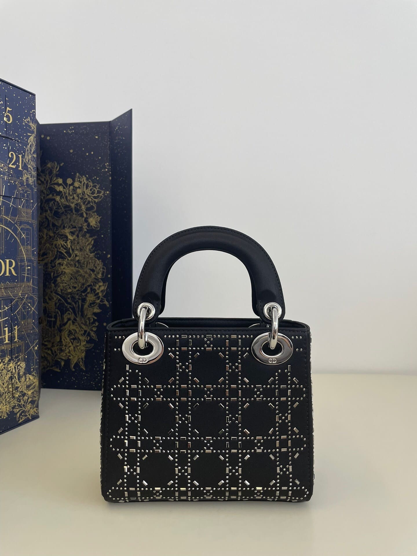 TÚI CHRISTIAN DIOR Mini Lady Dior Bag in Black Cannage Satin with Rhinestones