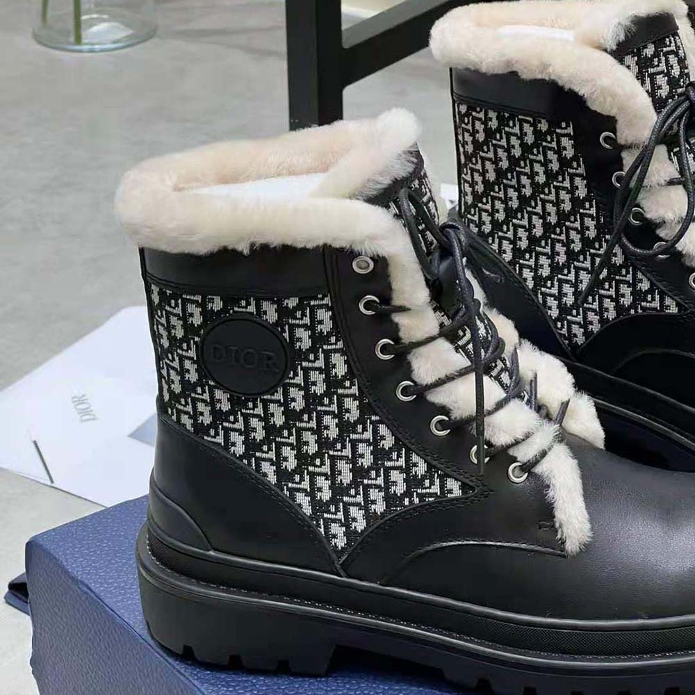 GIÀY Dior Explorer Ankle Boot Black Smooth Calfskin and Dior Oblique Jacquard