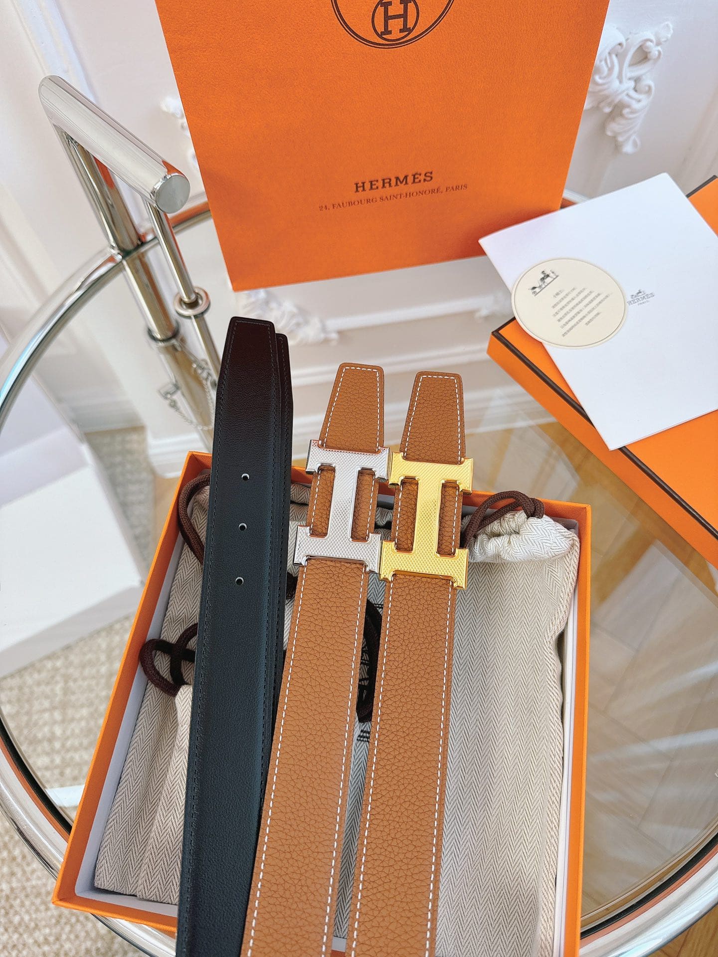 DÂY LƯNG HERMES H BROWN Togo leather hai mặt khóa bạc