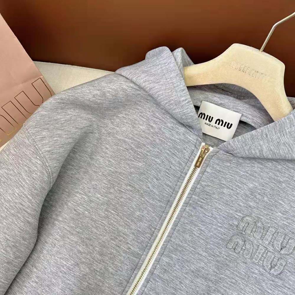 ÁO Miu Miu Women Embroidered Cotton Fleece Hoodie with Embroidered Logo-Silver
