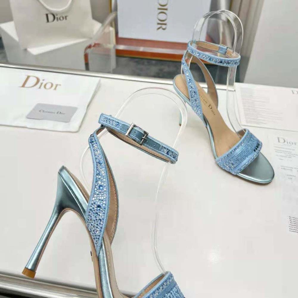 GIÀY Dior Women Dway Heeled Slide Blue Cotton Embroidered with Metallic Thread and Strass