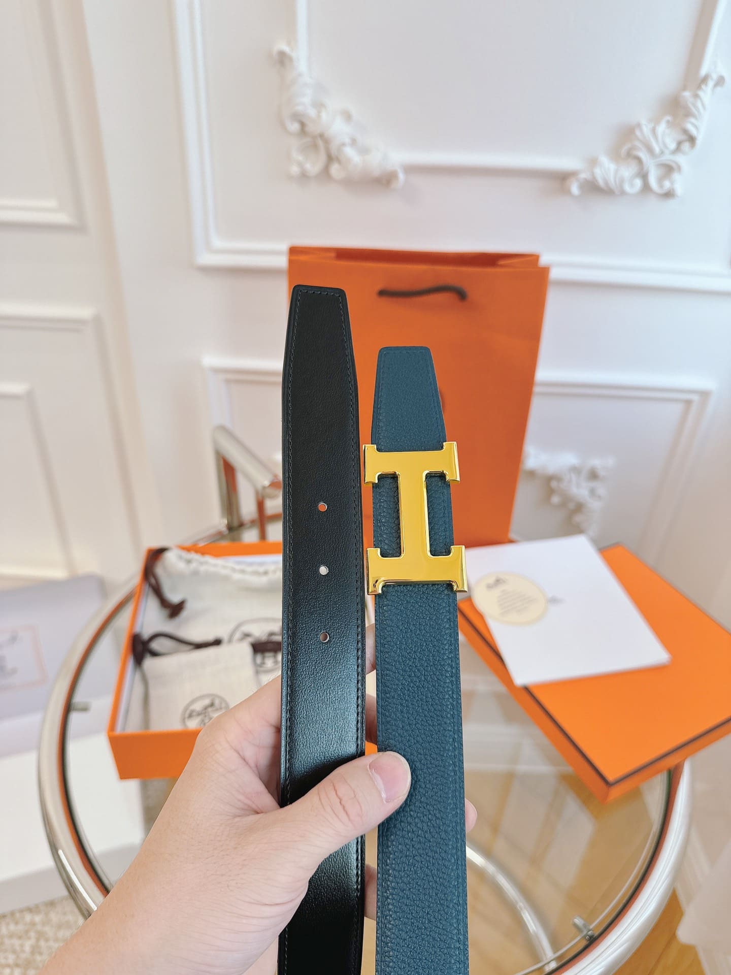 DÂY LƯNG HERMES H BLUE Togo leather hai mặt khóa vàng