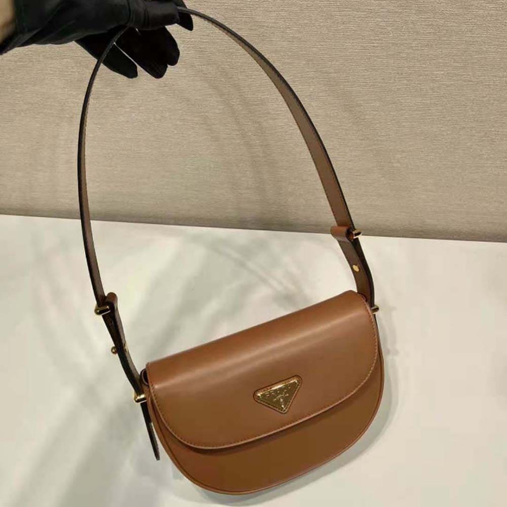 TÚI PRADA  Women Arqué Leather Shoulder Bag with Flap-Brown