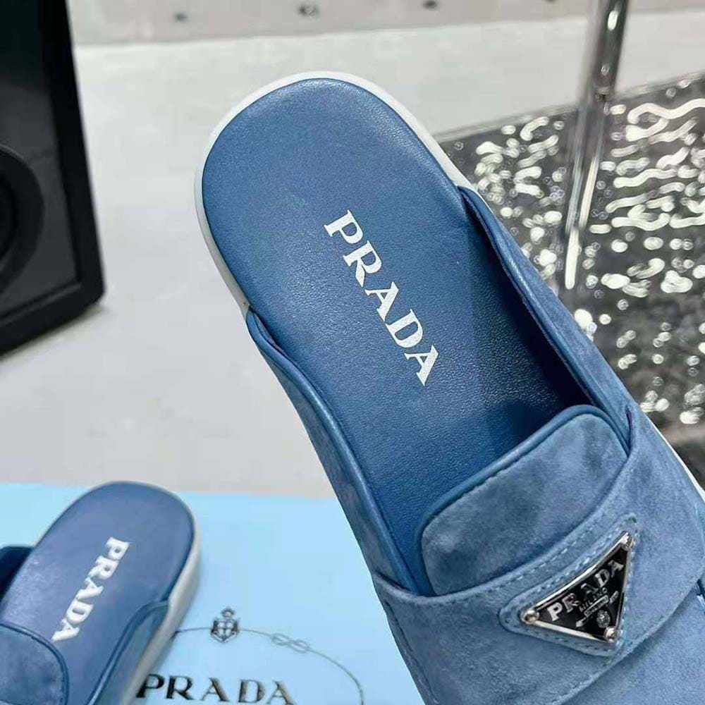 GIÀY PRADA Suede Sabots with the Enameled Metal Triangle Logo