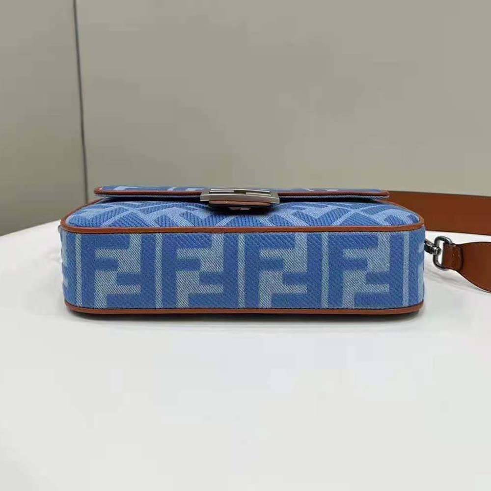 TÚI FENDI Women Baguette Light Blue Denim Bag with FF Embroidery