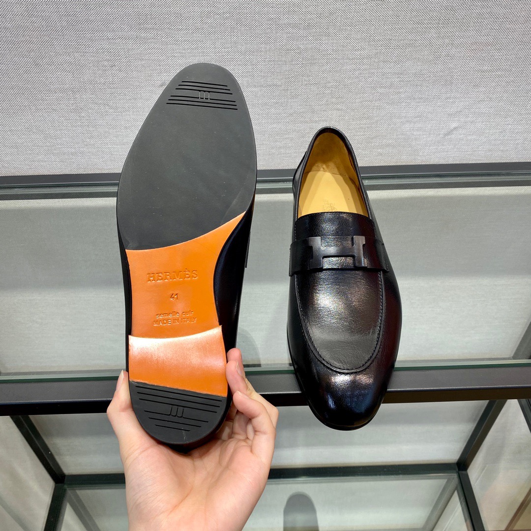 GIÀY HERMES LEATHER BLACK LOAFER SHOES