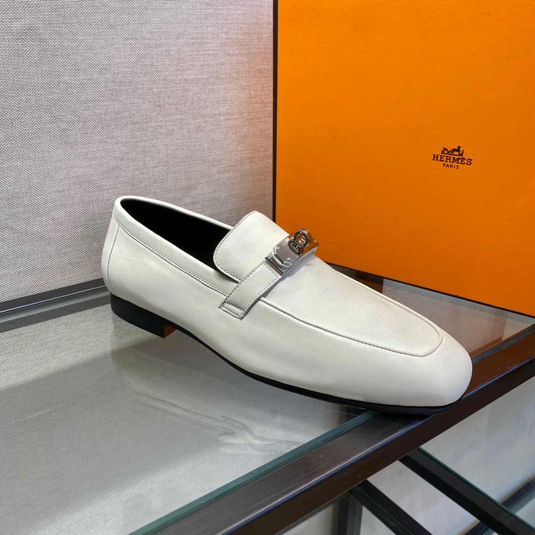 GIÀY HERMES KELLY LEATHER WHITE LOAFER SHOES