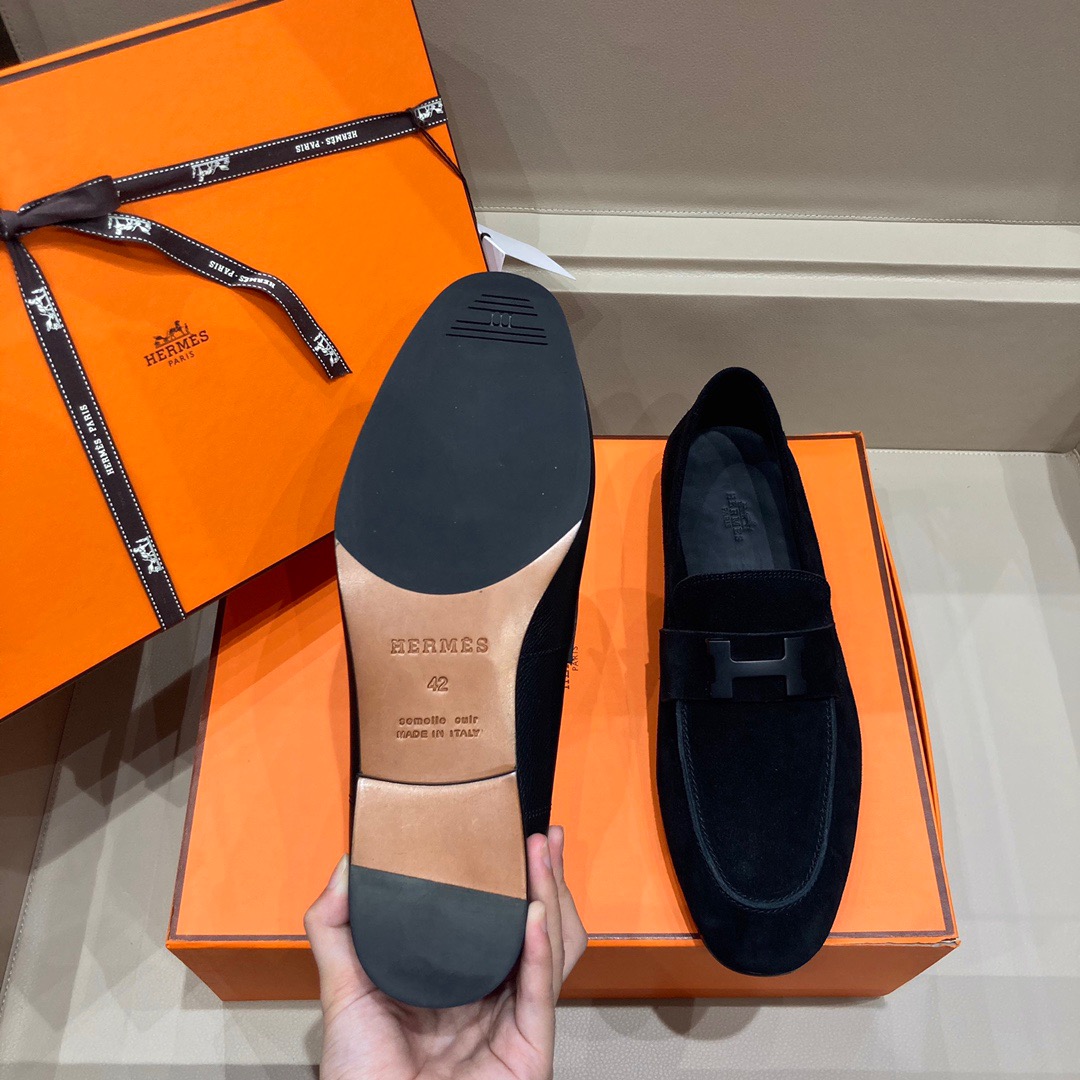 GIÀY HERMES SUEDE LEATHER BLACK LOAFER SHOES