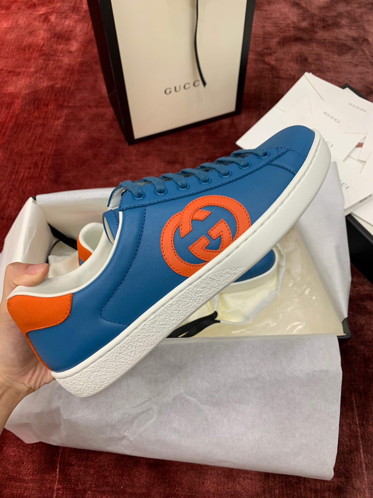 GIÀY GUCCI Leather Ace Sneakers Interlocking GG Blue