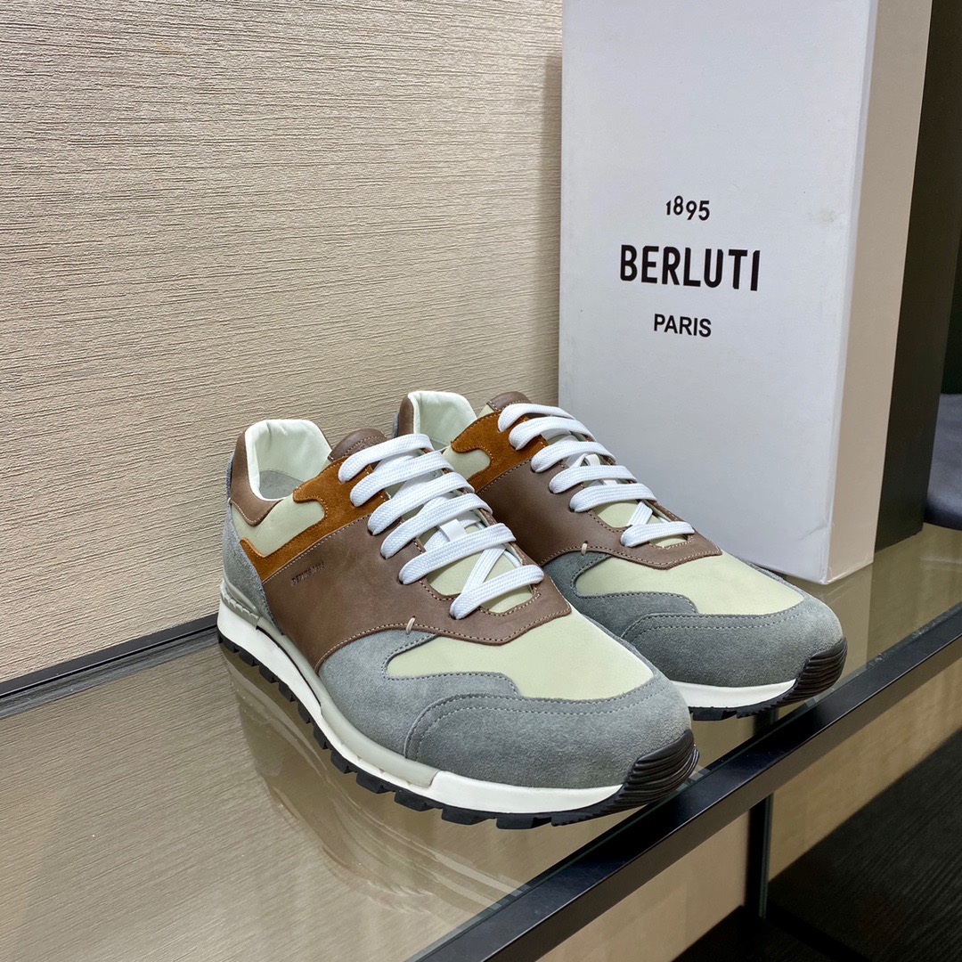 GIÀY BERLUTI Leather and Suede Brown Grey Sneaker shoes
