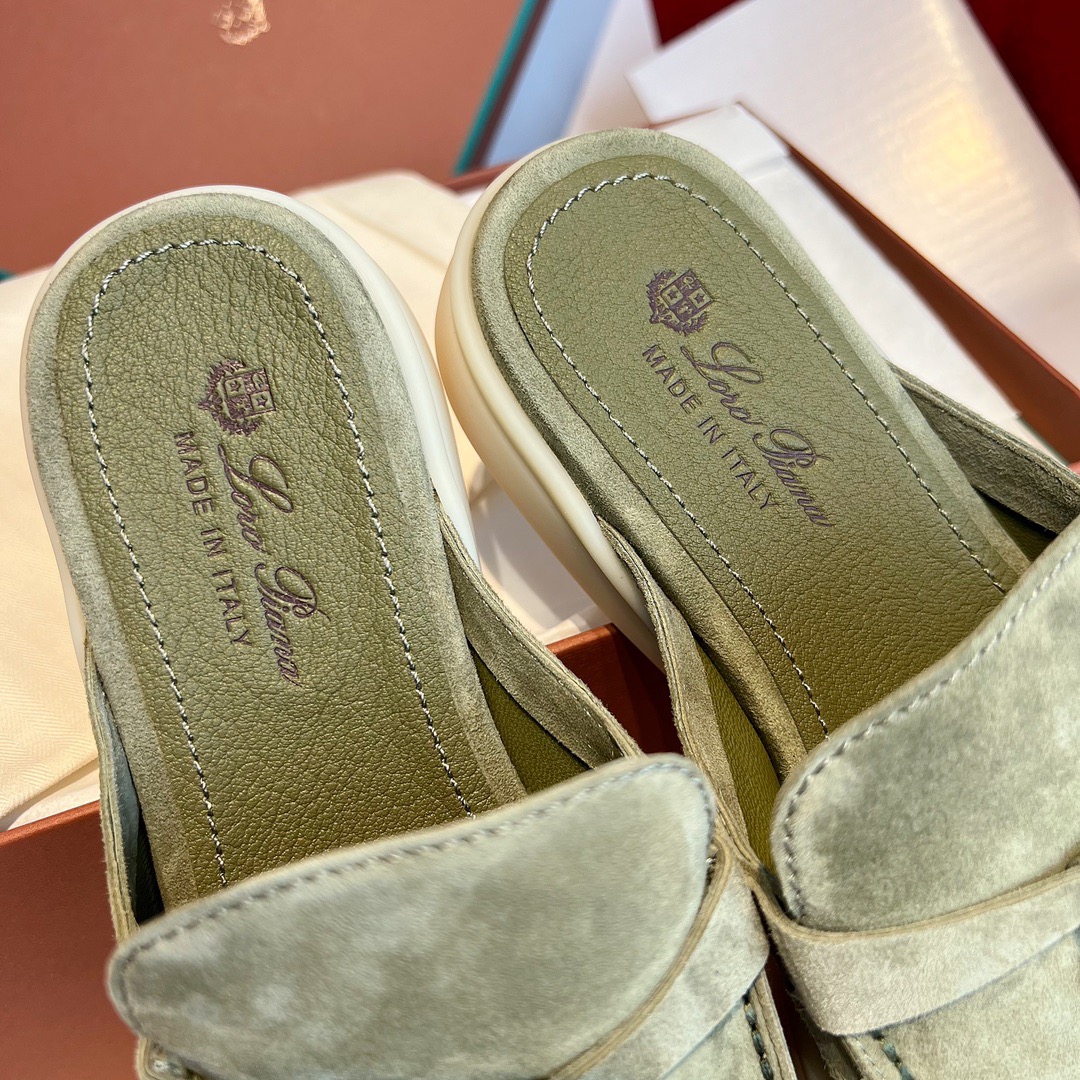 GIÀY LORO PIANA SLIDER OLIVE SUEDE LEATHER
