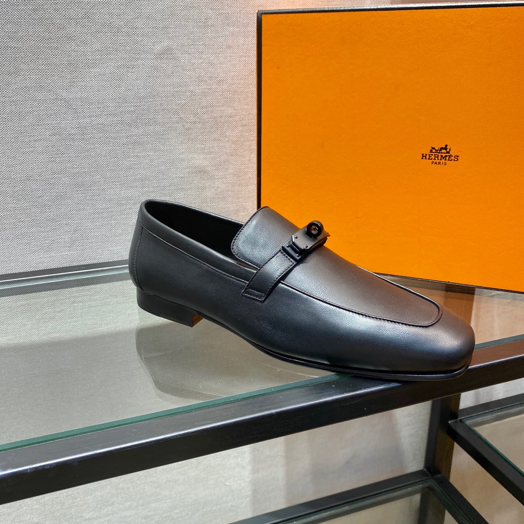 GIÀY HERMES KELLY LEATHER BLACK LOAFER SHOES