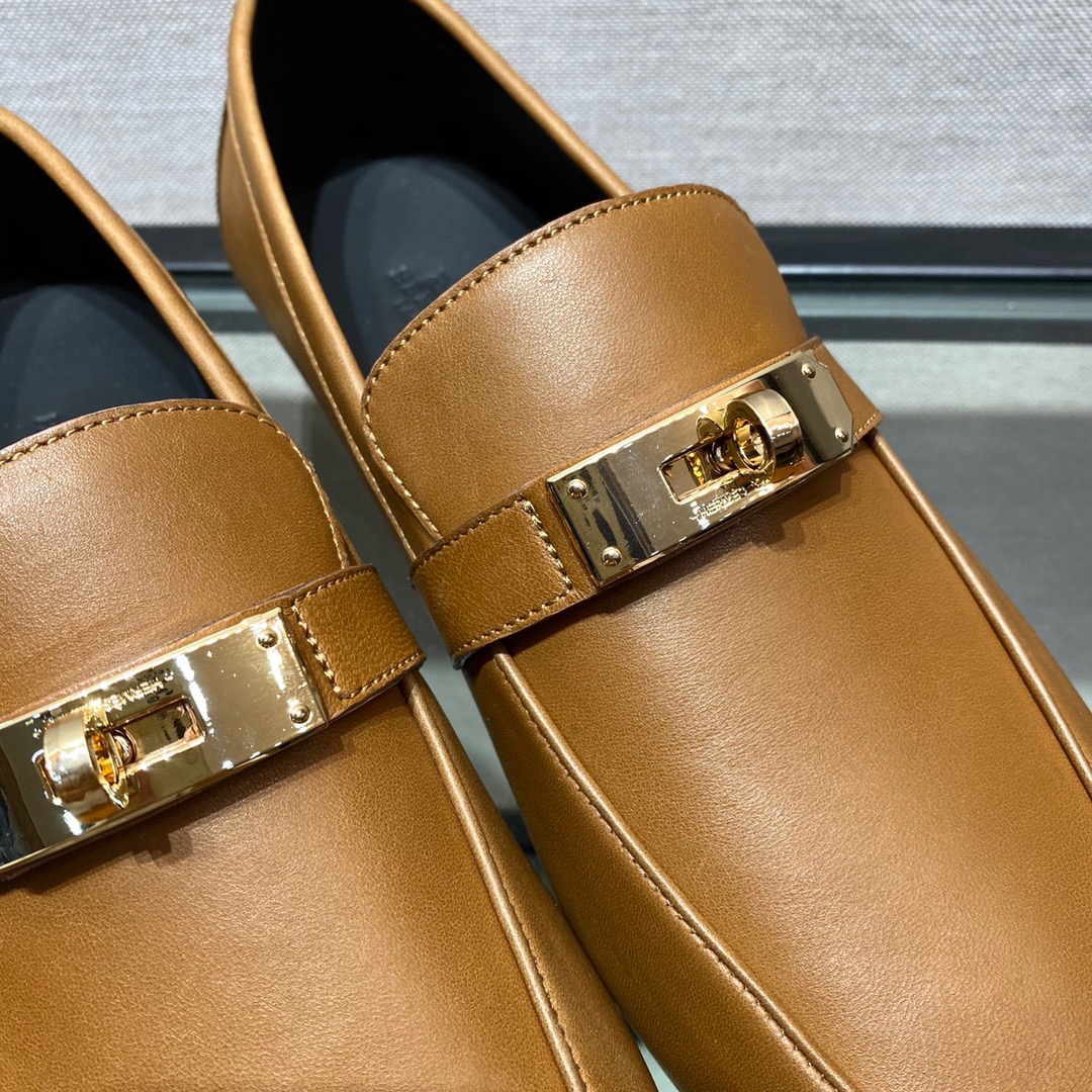 GIÀY HERMES KELLY LEATHER BROWN LOAFER SHOES