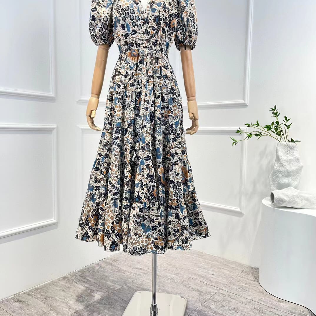 VÁY CAMILLA Summer Vacation Original V-Neck Floral Cotton Balloon Sleeve Midi Dress High Classy
