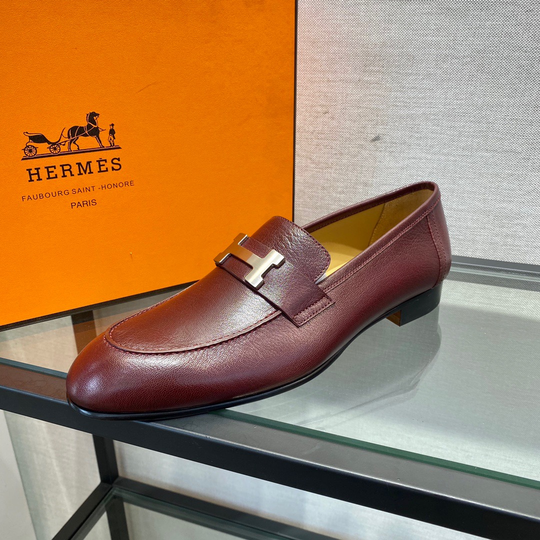 GIÀY HERMES LEATHER BURGUNDY LOAFER SHOES