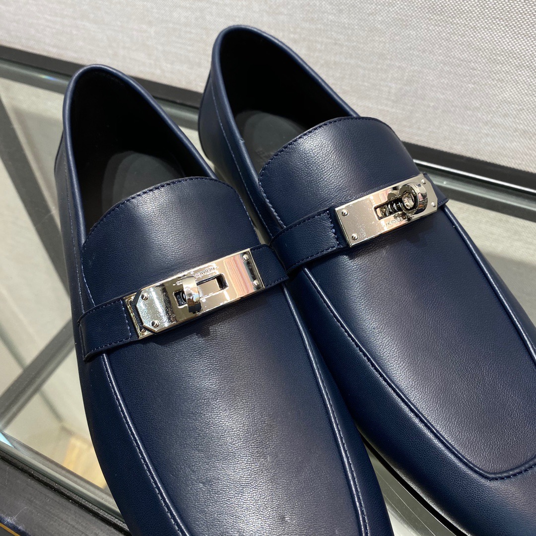 GIÀY HERMES KELLY LEATHER BLUE LOAFER SHOES