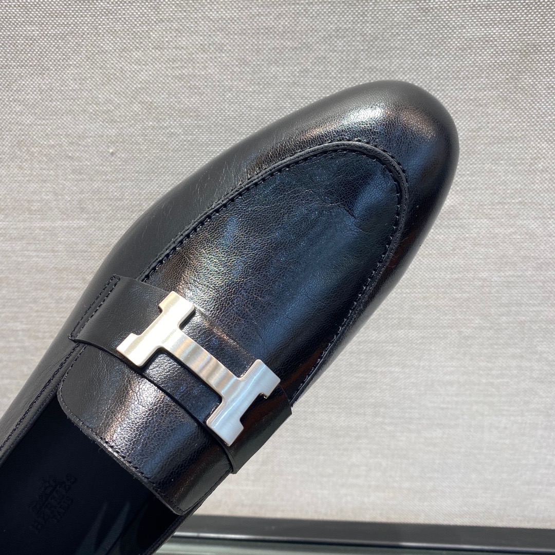 GIÀY HERMES LEATHER BLACK LOAFER SHOES