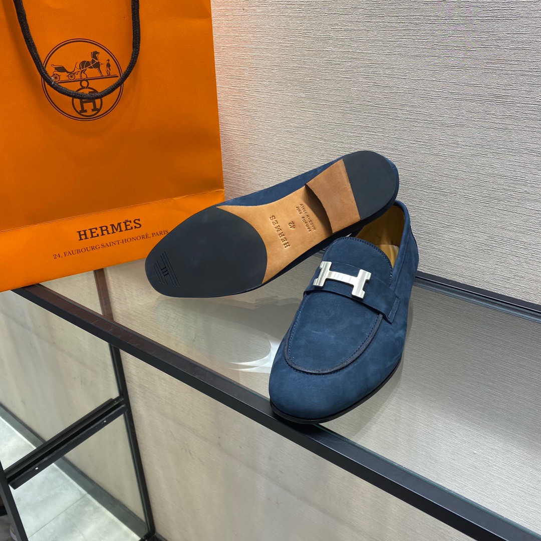 GIÀY HERMES SUEDE LEATHER BLUE LOAFER SHOES
