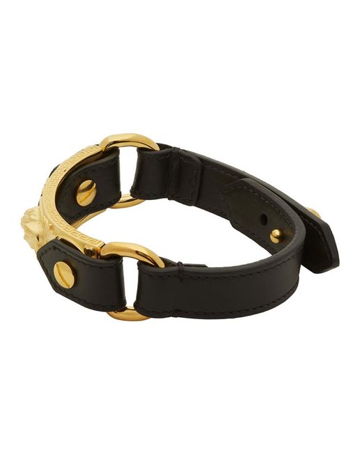 Versace Black And Gold Leather Medusa Bracelet