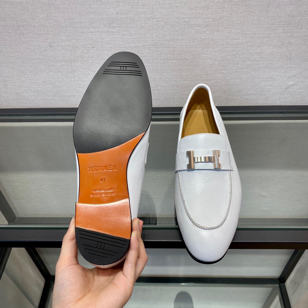 GIÀY HERMES LEATHER WHITE LOAFER SHOES