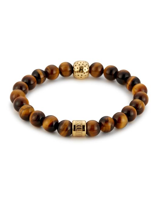 Northskull Metallic Yellow Tiger Eye & Perforated Gold Skull Charm Bracelet