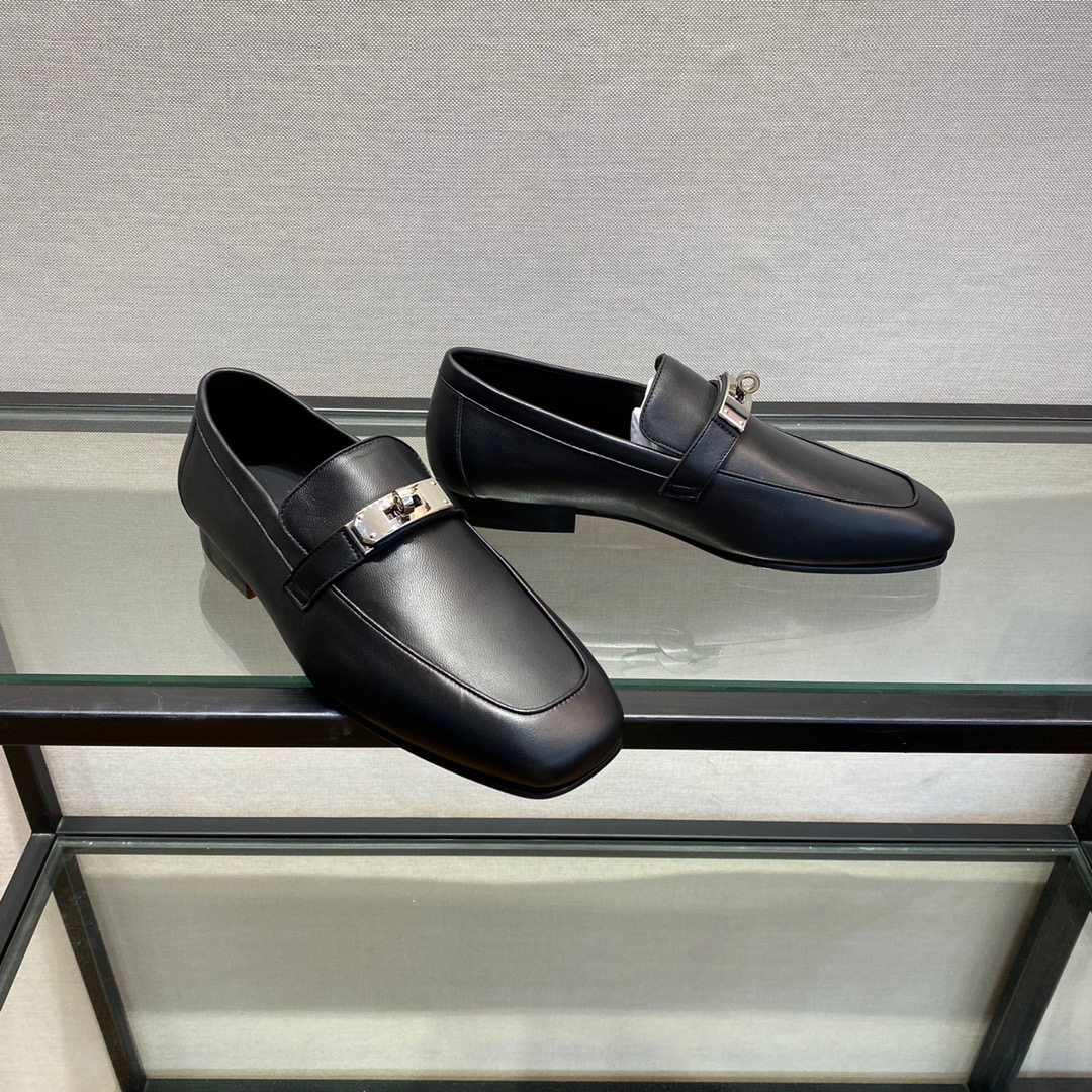 GIÀY HERMES KELLY LEATHER BLACK LOAFER SHOES