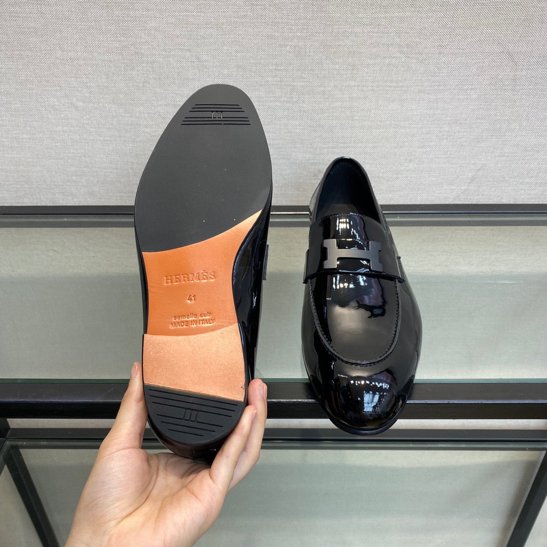 GIÀY HERMES GLOSS LEATHER BLACK LOAFER SHOES