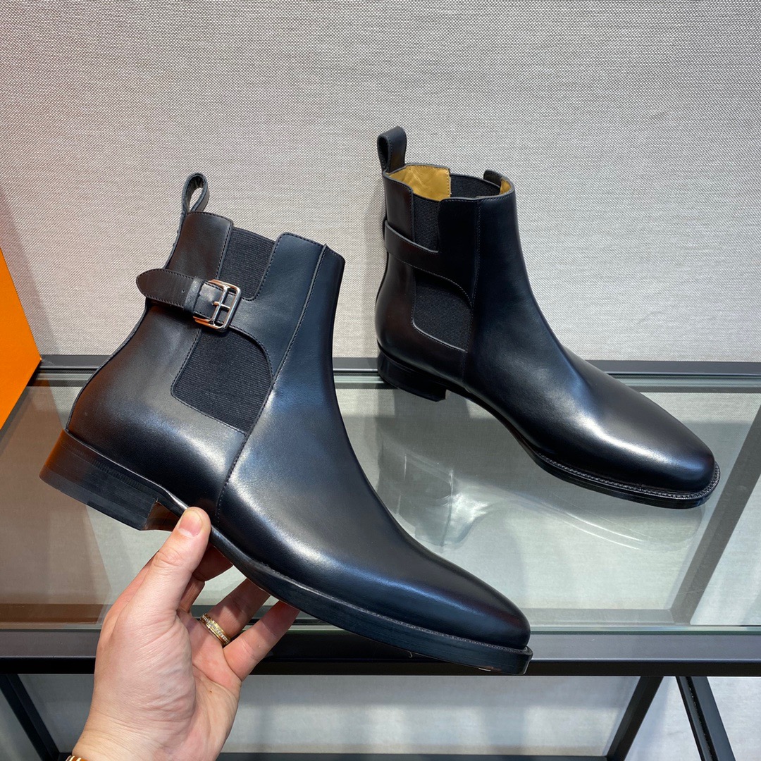 GIÀY HERMES BLACK LEATHER BOOTS SHOES