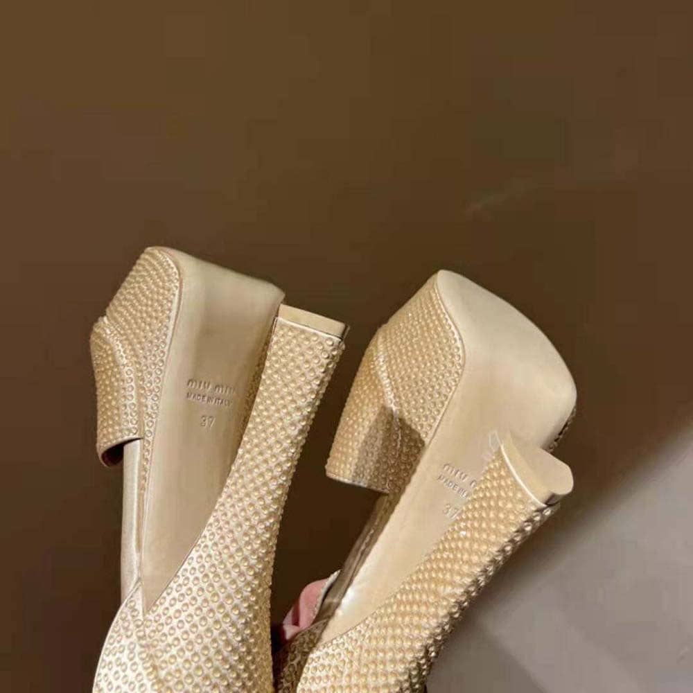 GIÀY Miu Miu Women Satin Platform Sandals with Crystals-Gold