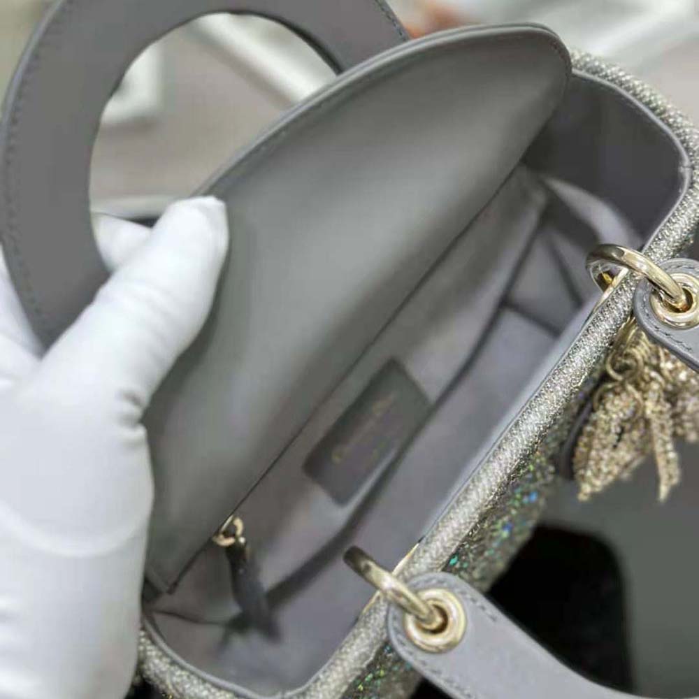 TÚI Dior Women Small Lady Dior Bag Gray Smooth Calfskin and Satin with Bead Embroidery