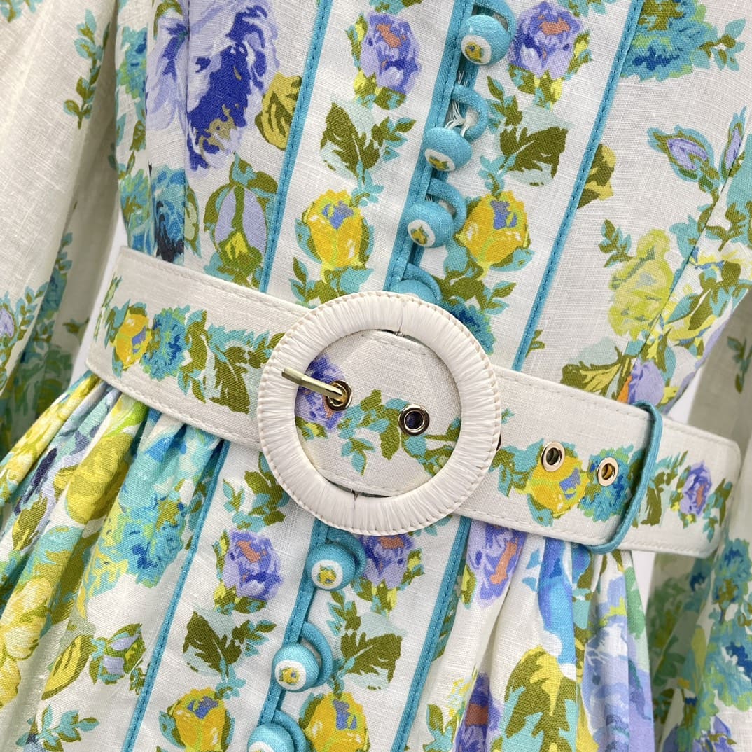 VÁY ZIMMERMANN Floral Printing Spring Summer Mandarin Collar Mini Dresses with Belt High Classy