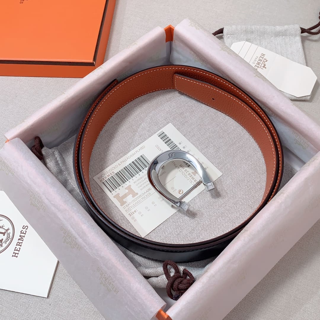 DÂY LƯNG HERMES Horseshoe Togo leather hai mặt khóa bạc