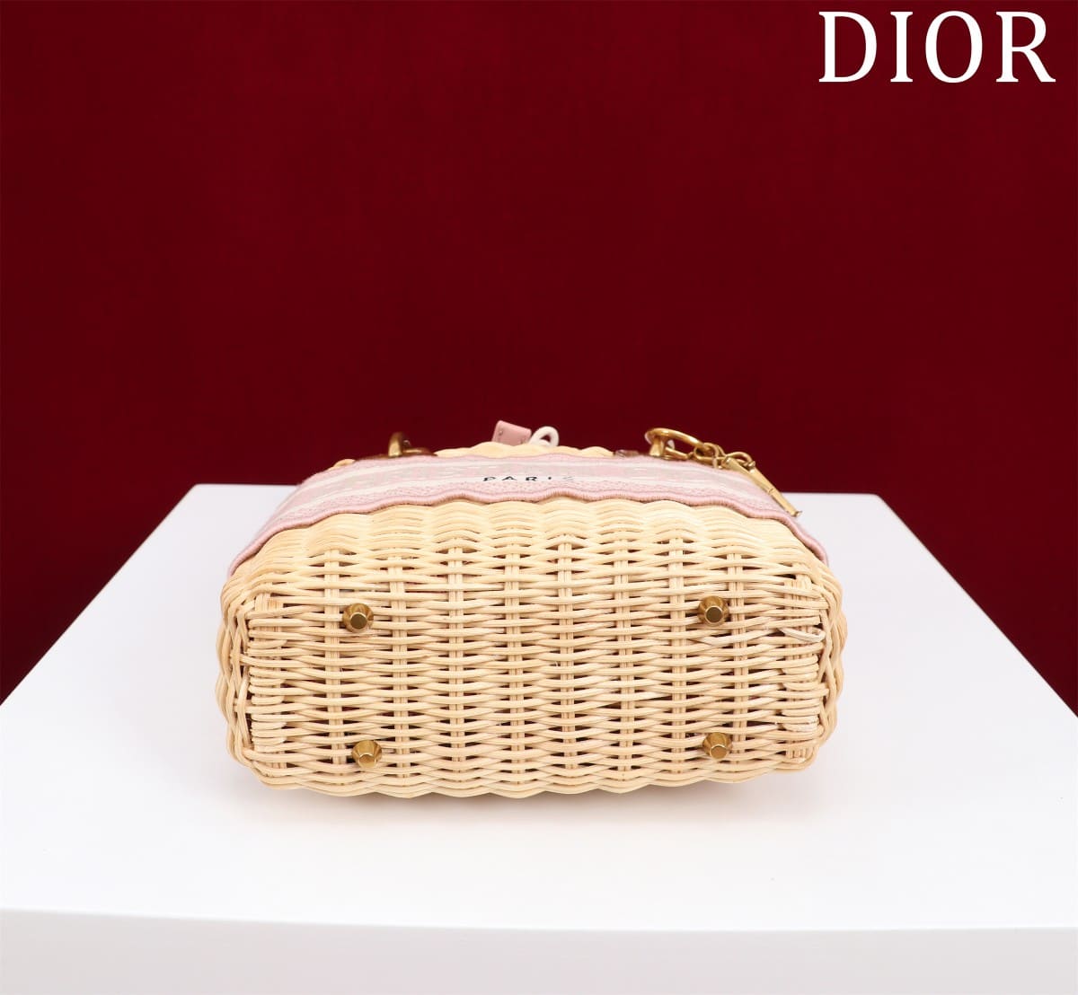 TÚI Dior Women Mini Lady Dior Bag Natural Wicker and Pink Dior Oblique Jacquard dệt tay bằng liễu gai