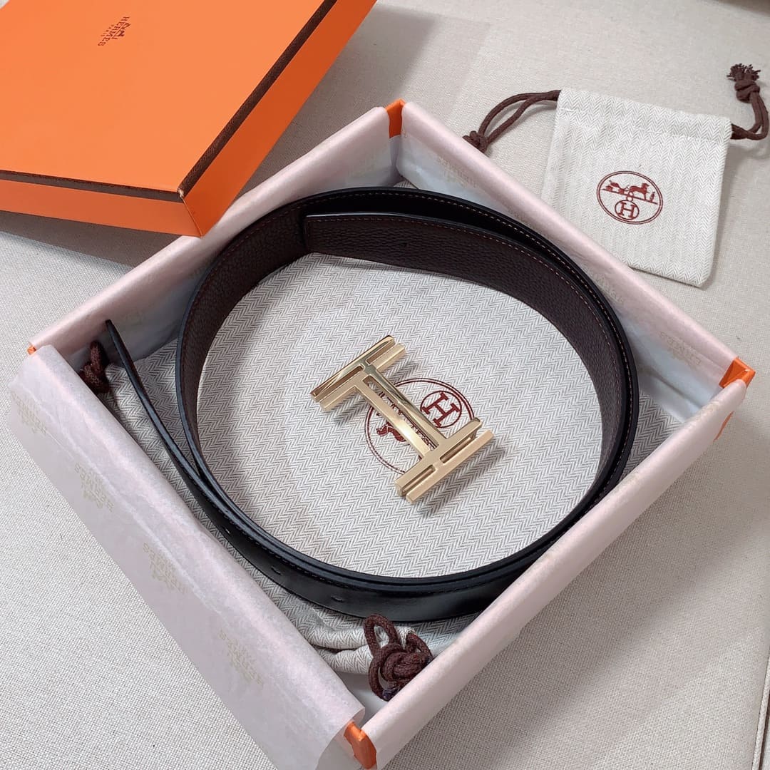 DÂY LƯNG HERMES Double H Matte Black Togo leather hai mặt khóa vàng