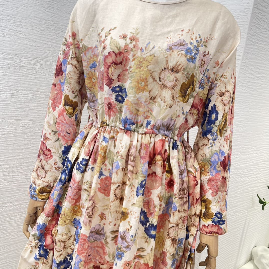 VÁY ZIMMERMANN Beige Floral Print Long Sleeve Belt Midi DressHigh Classy