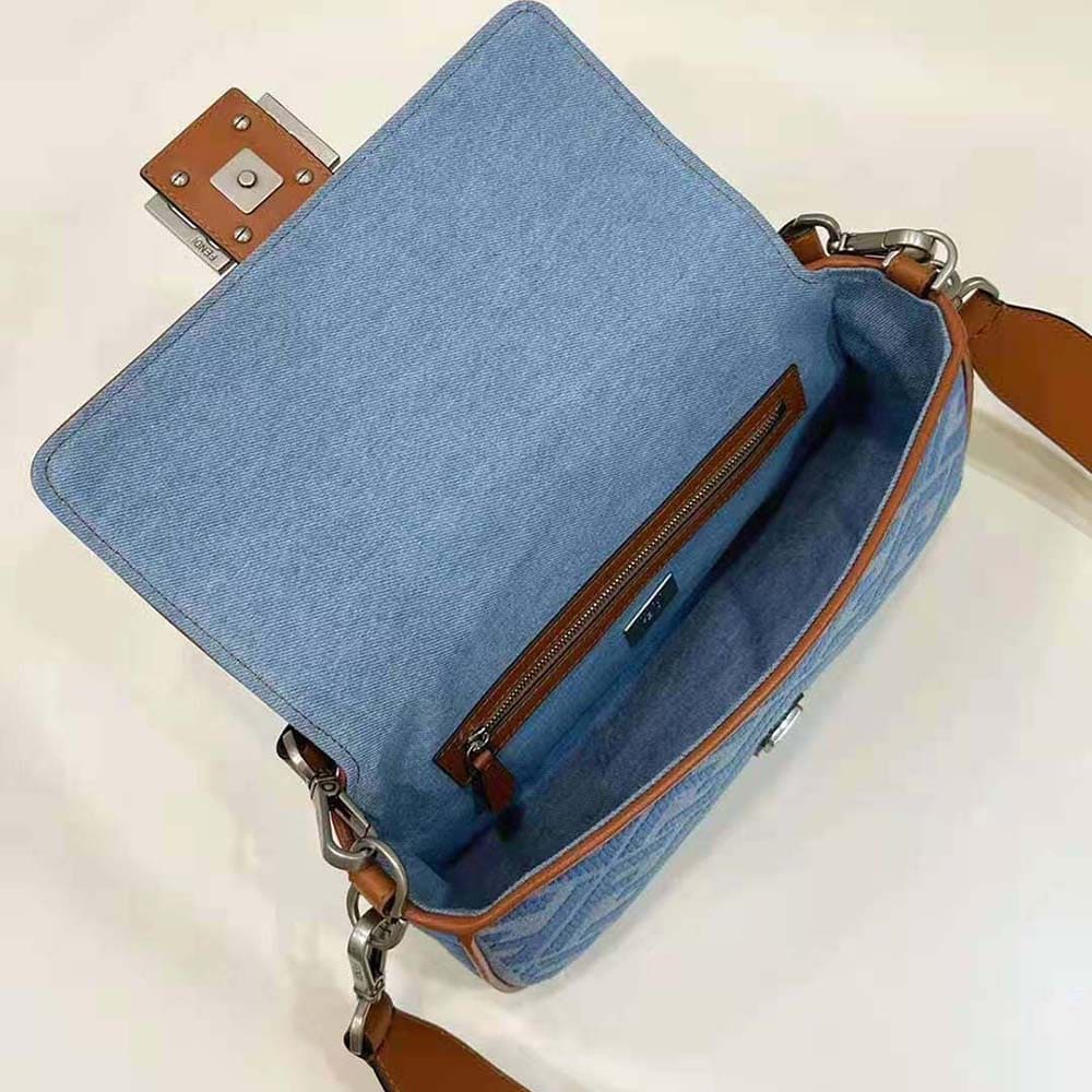 TÚI FENDI Women Baguette Light Blue Denim Bag with FF Embroidery