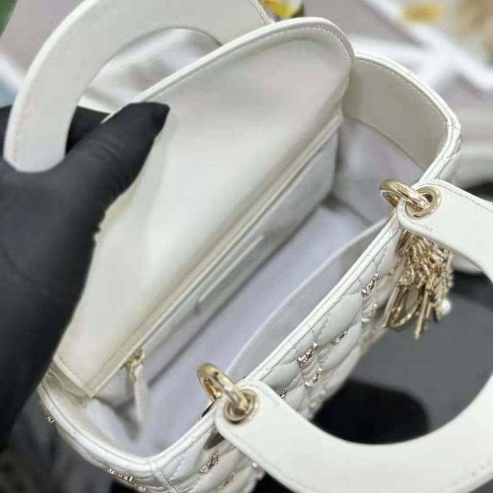 TÚI Dior Women Small Lady Dior Bag White Cannage Lambskin with Gold-Finish Butterfly Studs