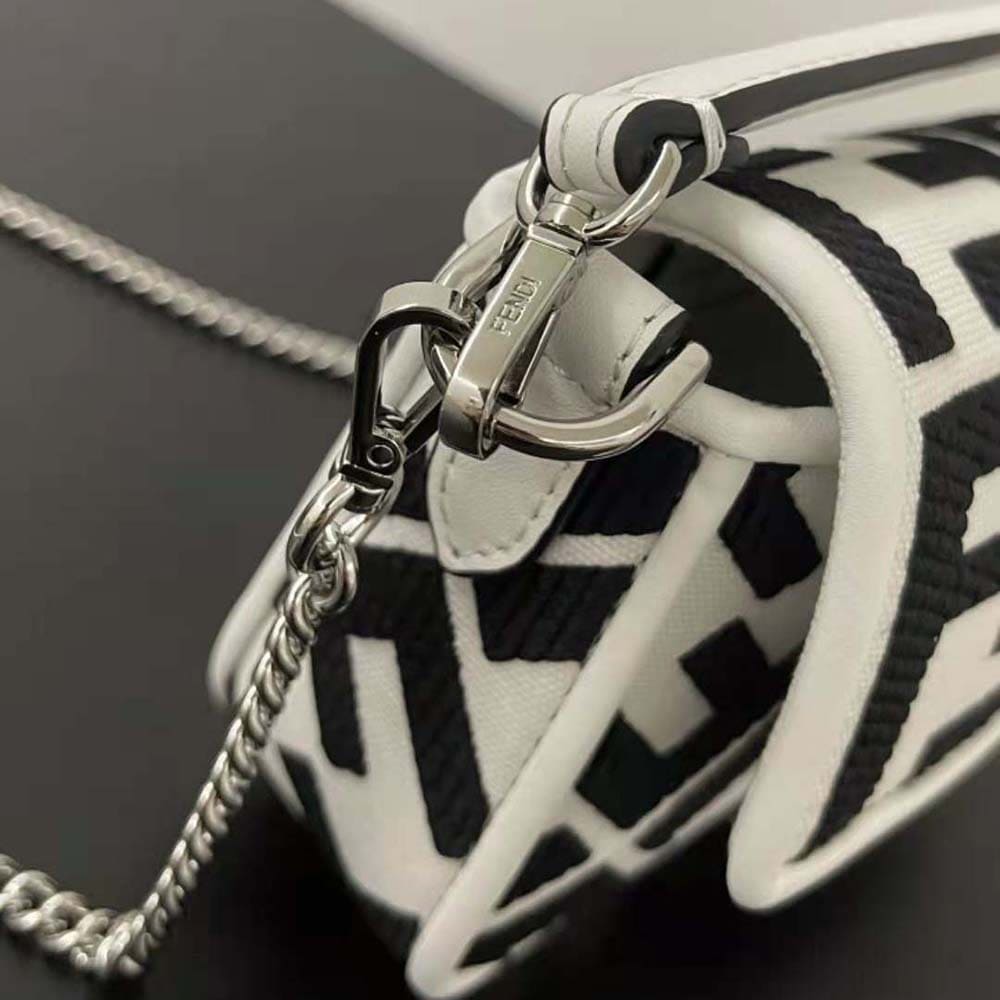 TÚI FENDI Women Baguette Mini White and Black Canvas Bag with FF Embroidery