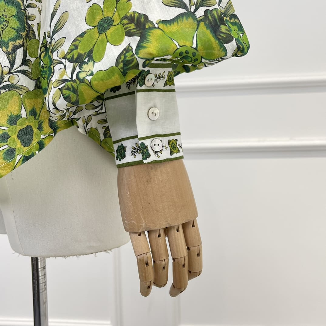 VÁY ZIMMERMANN Green Floral Printing Folds Long Lantern Sleeve Blouse and Midi Skirt Woman Set High Classy