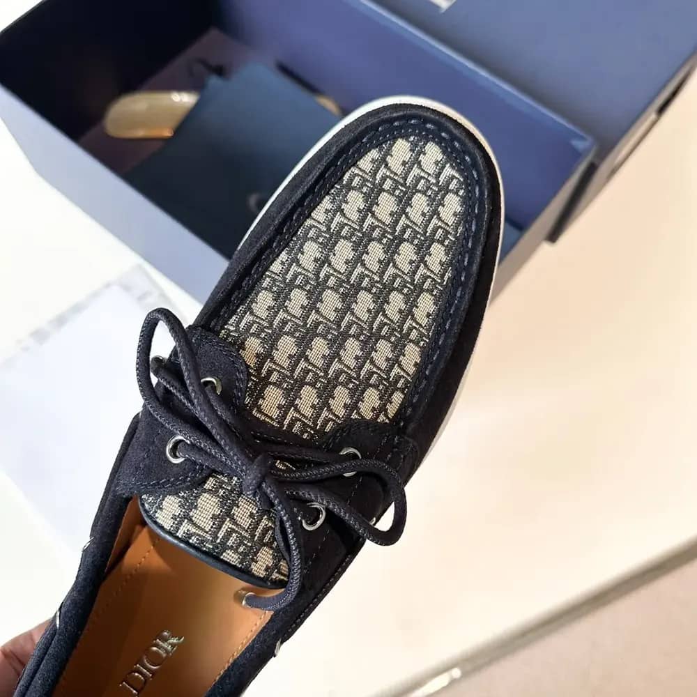 GIÀY DIOR Men Granville Boat Shoe Navy Blue Suede with Beige and Black Dior Oblique Jacquard TOP QUALITY SHOES AAA
