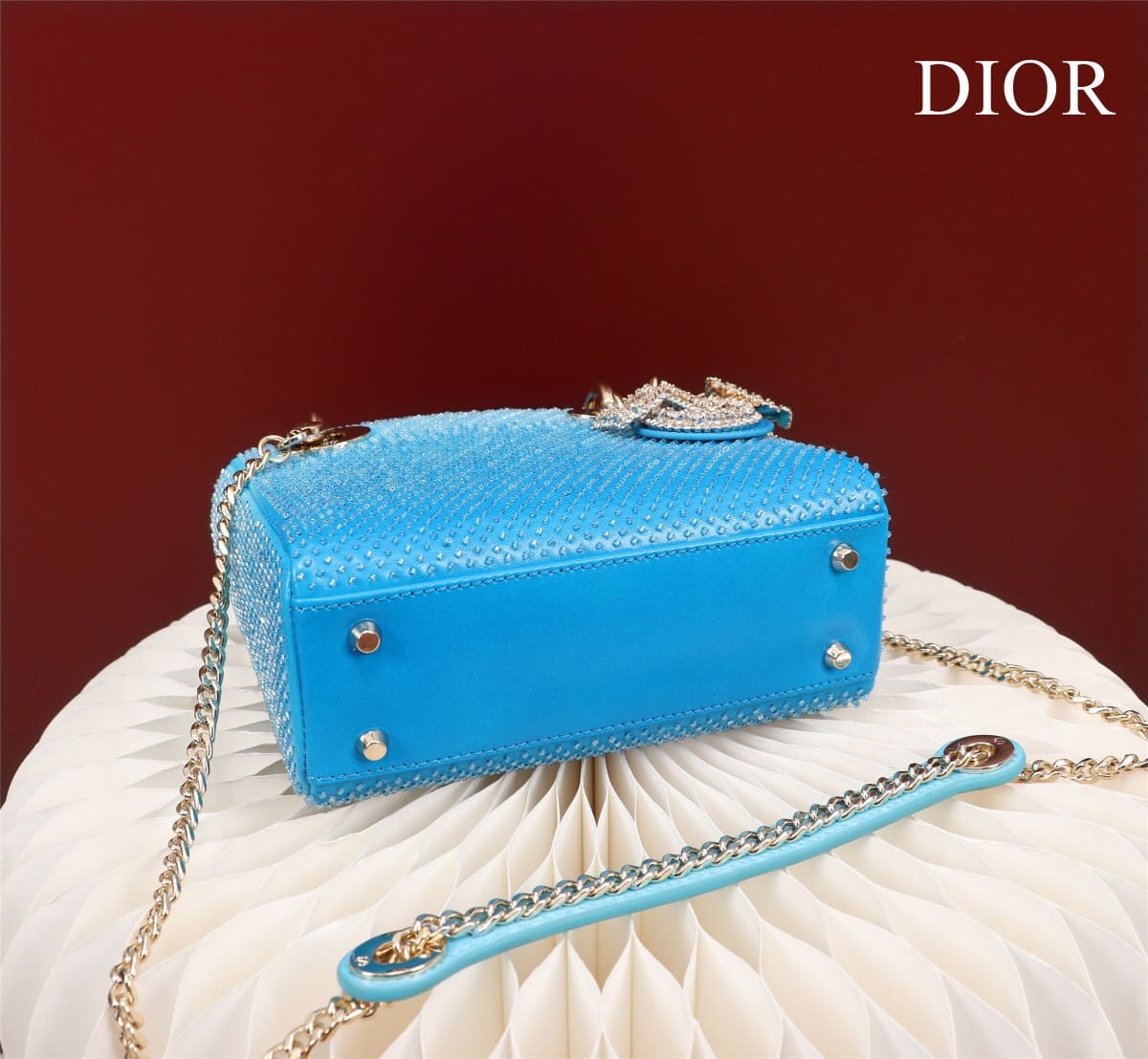 TÚI CHRISTIAN DIOR LADY DIOR Cannage Calfskin with Platinum Beaded Embroidery Blue
