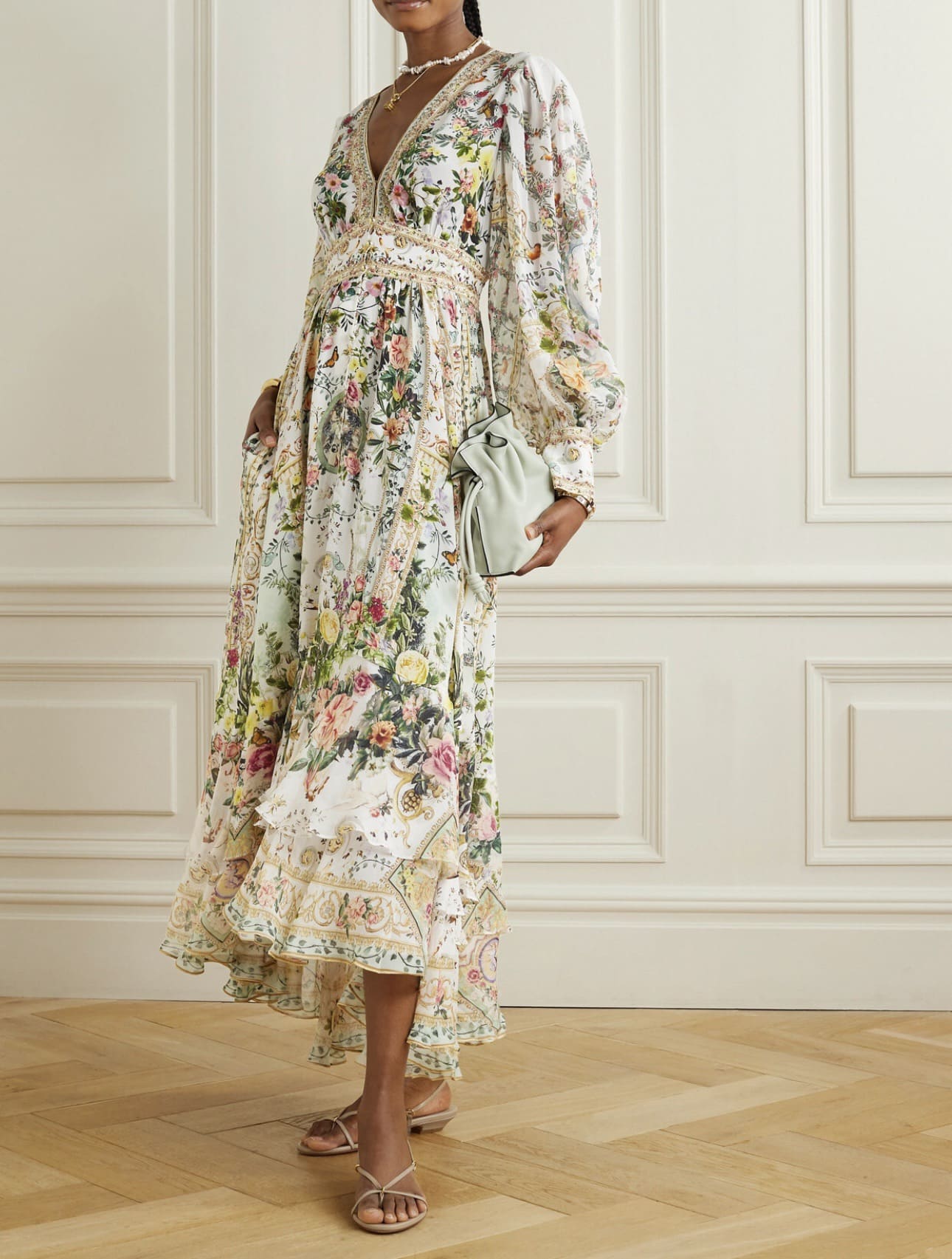 VÁY CAMILLA Silk Flower Cardigan Embellished V-Neck Maxi Dress High Classy Dài Tay