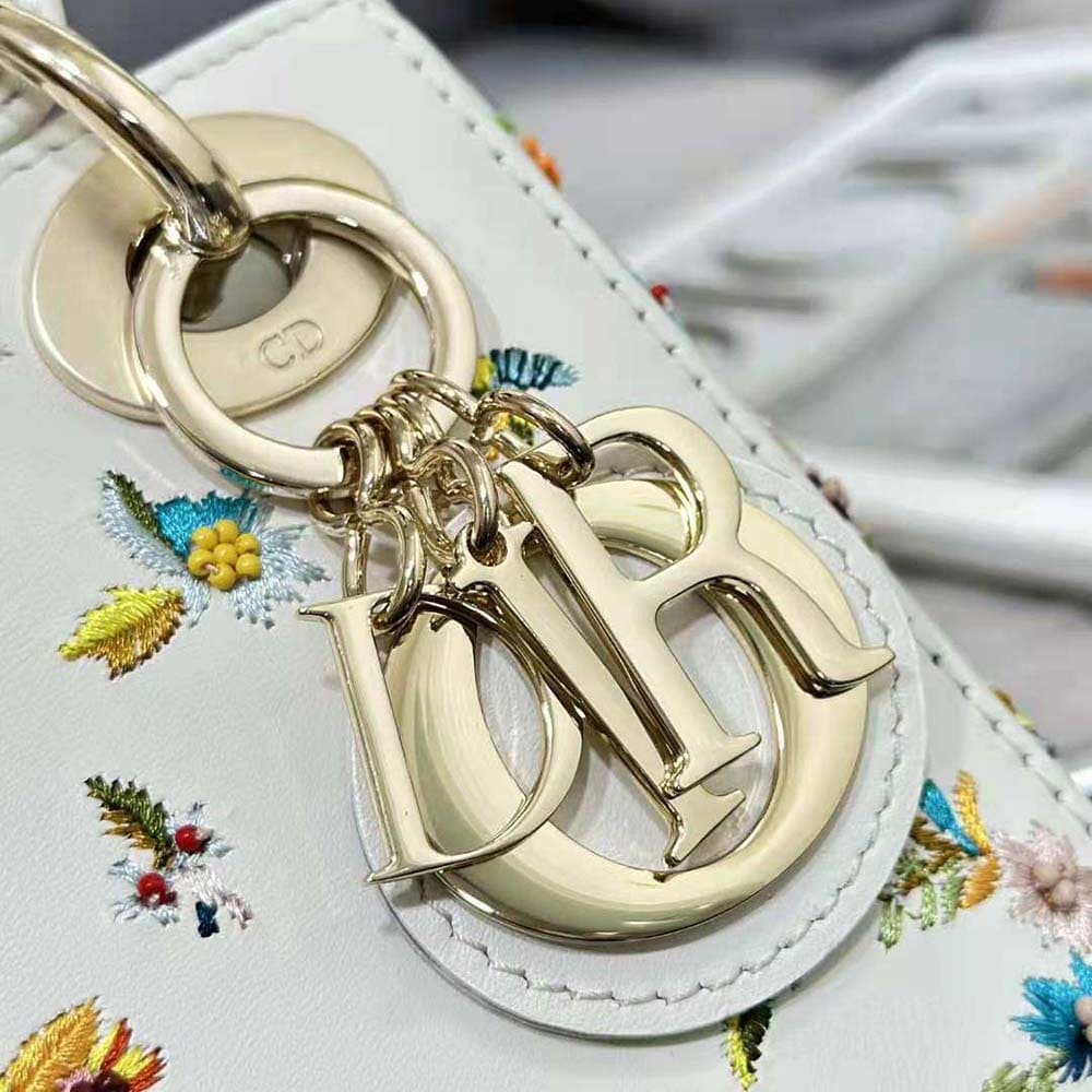 TÚI Dior Women Mini Lady Dior Bag Latte Calfskin Embroidered with Multicolor Small Flowers