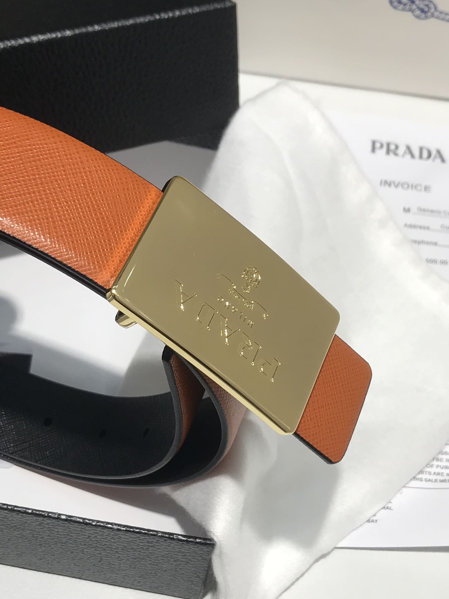 DÂY LƯNG PRADA ORANGE SAFFIANO LEATHER Khóa vàng