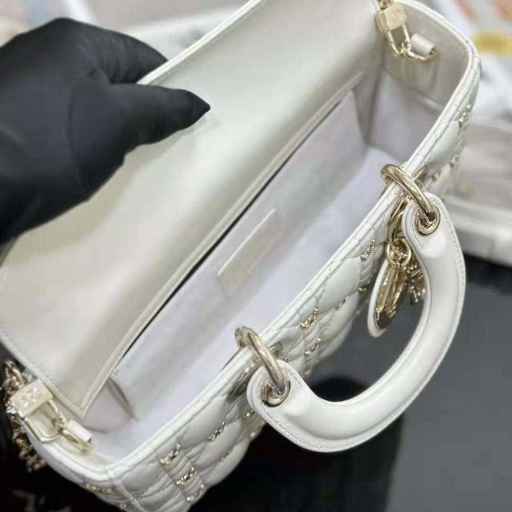 TÚI Dior Women Medium Lady D-joy Bag White Cannage Lambskin with Gold-Finish Butterfly Studs